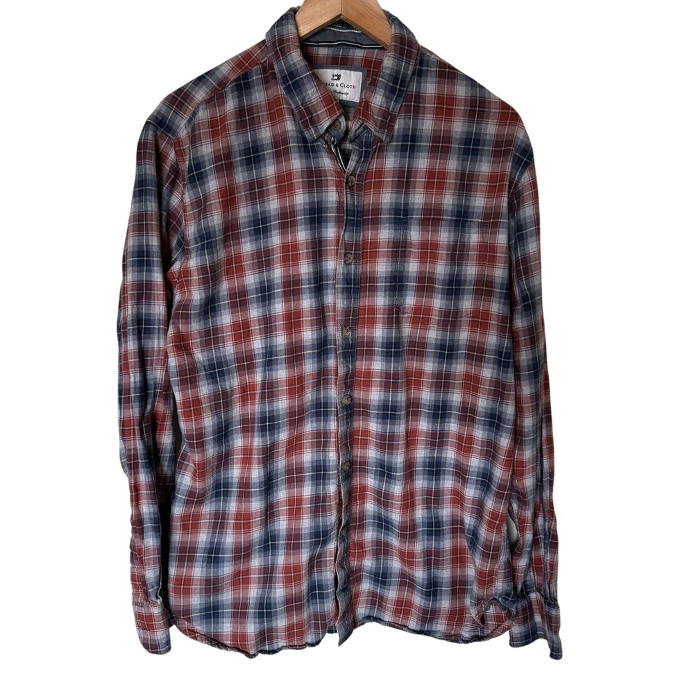 Thread & Cloth Plaid Button Down Shirt Mens‎ Large Red Navy White  Cotton